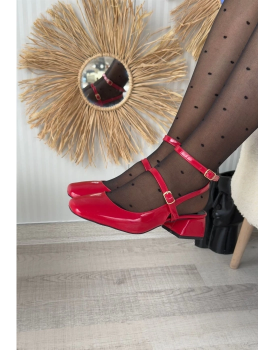 Karmi Kırmızı Rugan Topuklu Kemerli Ayakkabı - Bamido