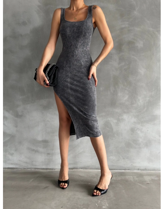 Kaşkorse Aşit Yıkamalı Yırtmaçlı Elbise