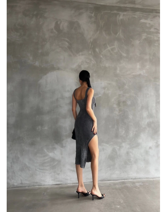 Kaşkorse Aşit Yıkamalı Yırtmaçlı Elbise