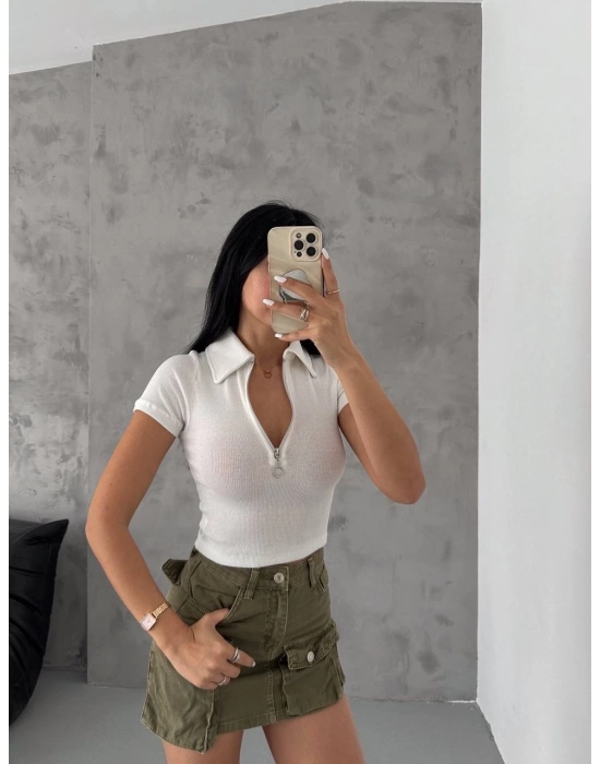 Kaşkorse Yaka Fermuarlı Bluz Beyaz
