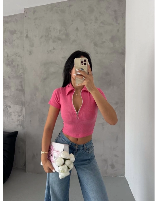 Kaşkorse Yaka Fermuarlı Bluz Fuşya