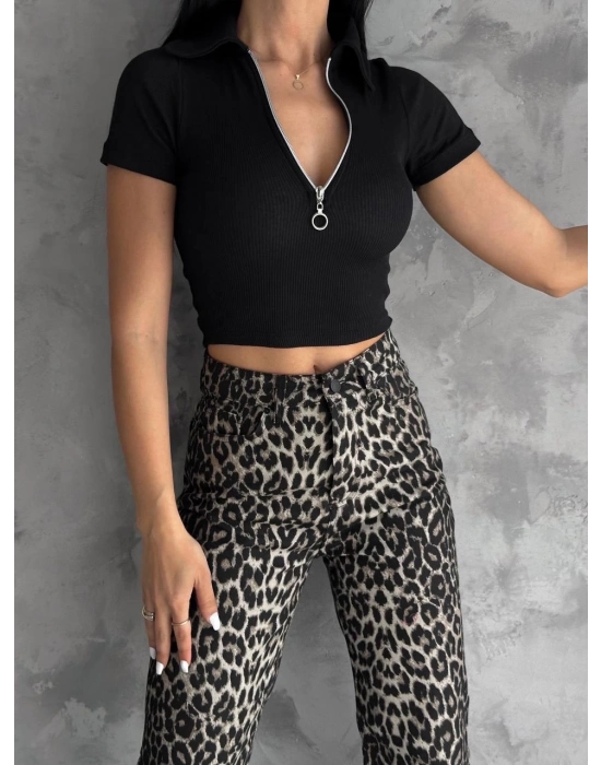 Kaşkorse Yaka Fermuarlı Bluz Siyah