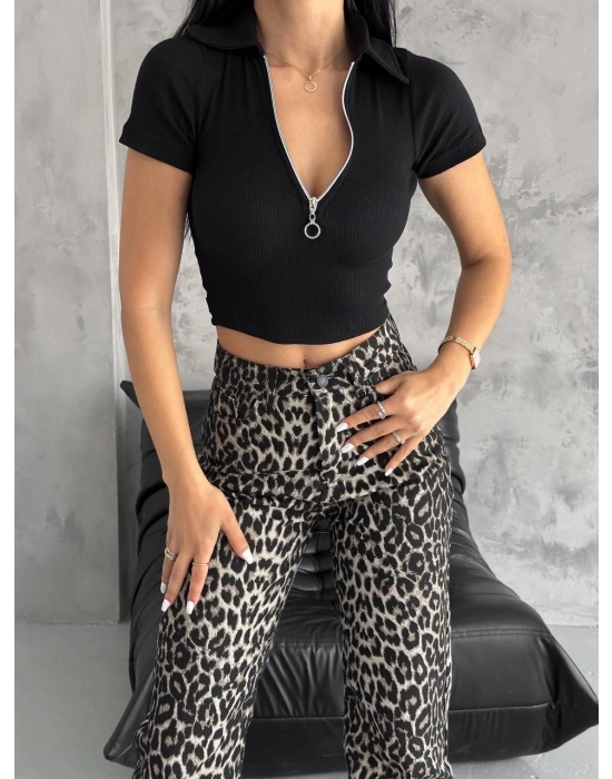 Kaşkorse Yaka Fermuarlı Bluz Siyah