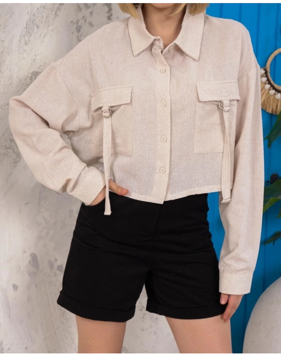 Kemer Cepli Keten Crop Gömlek Krem S255350