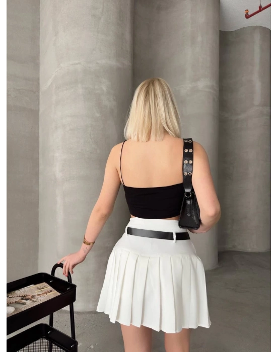 Kemerli Piliseli Şort Etek Beyaz S25305