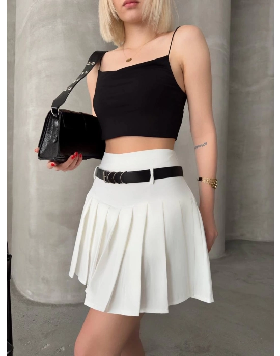 Kemerli Piliseli Şort Etek Beyaz S25305