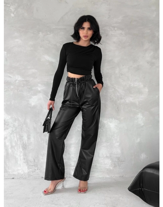 Kendinden İnce Kemerli Deri Pantolon Siyah T1178