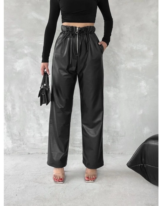 Kendinden İnce Kemerli Deri Pantolon Siyah T1178