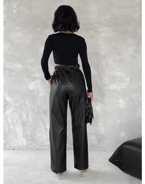 Kendinden İnce Kemerli Deri Pantolon Siyah T1178