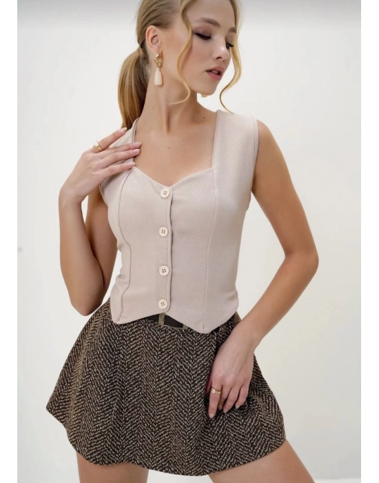 Krep Kumaş Düğmeli Yelek Bej S3395