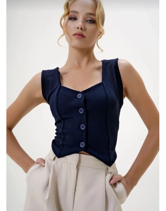 Krep Kumaş Düğmeli Yelek Lacivert S3395