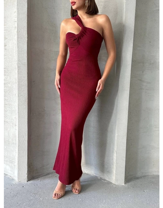 Krinkıl Tek Omuz Uzun Elbise Bordo S25455