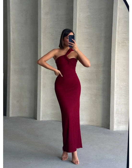 Krinkıl Tek Omuz Uzun Elbise Bordo S25455
