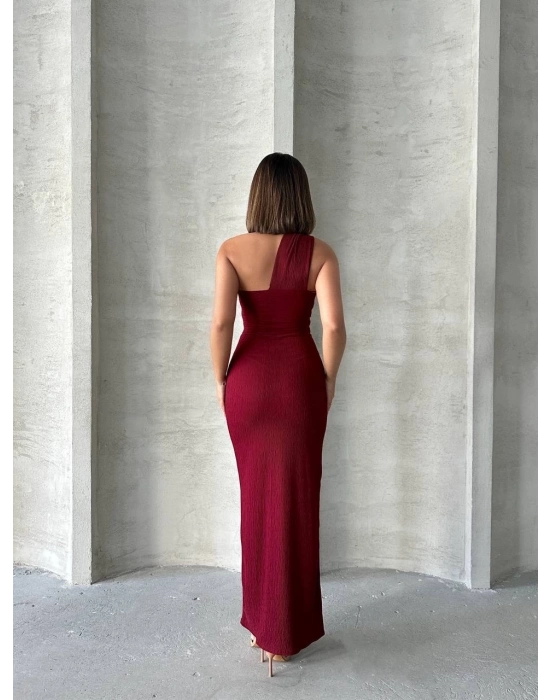 Krinkıl Tek Omuz Uzun Elbise Bordo S25455