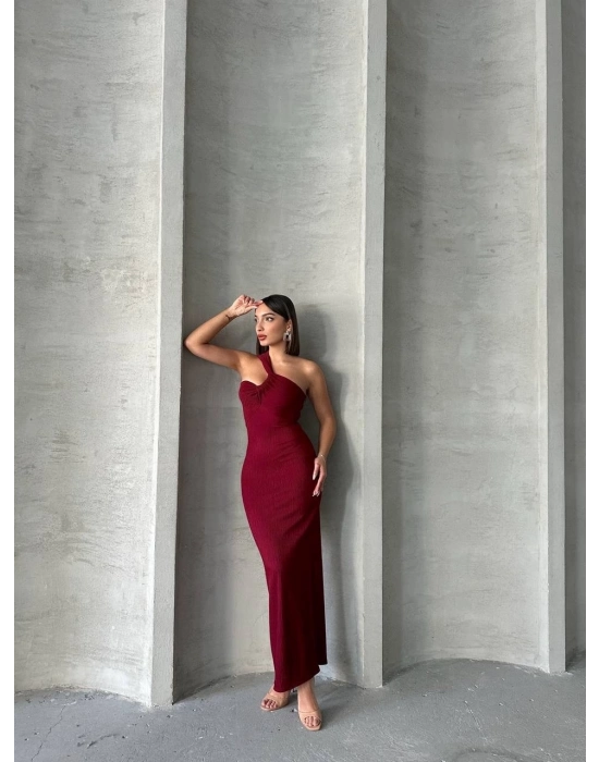 Krinkıl Tek Omuz Uzun Elbise Bordo S25455