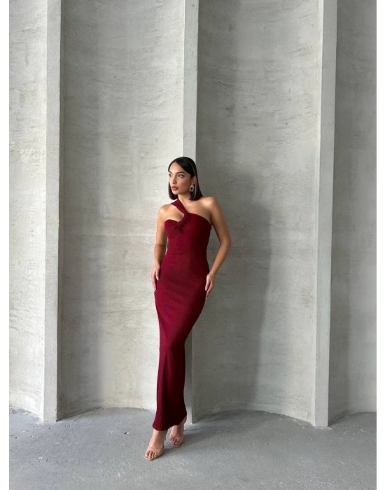Krinkıl Tek Omuz Uzun Elbise Bordo S25455