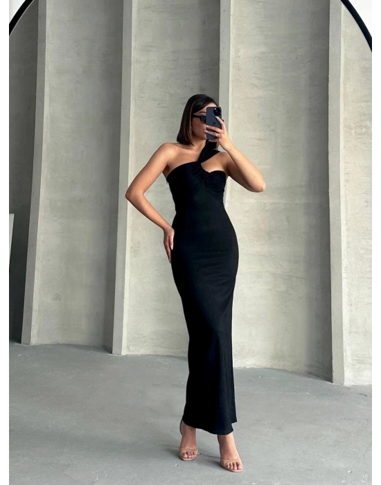 Krinkıl Tek Omuz Uzun Elbise Siyah S25455