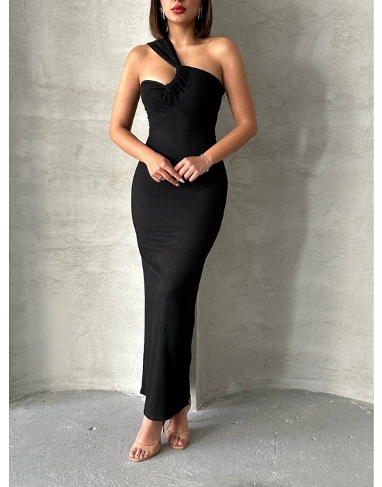 Krinkıl Tek Omuz Uzun Elbise Siyah S25455