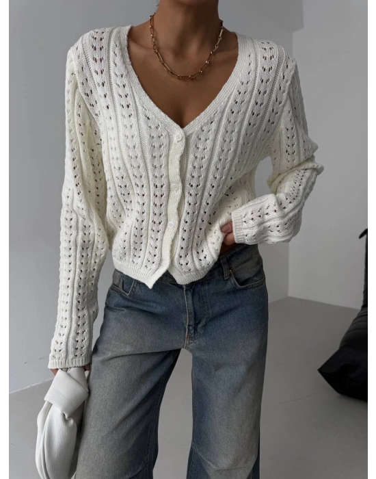 Küçük Düğmeli Küçük Örgülü Triko Hırka Beyaz
