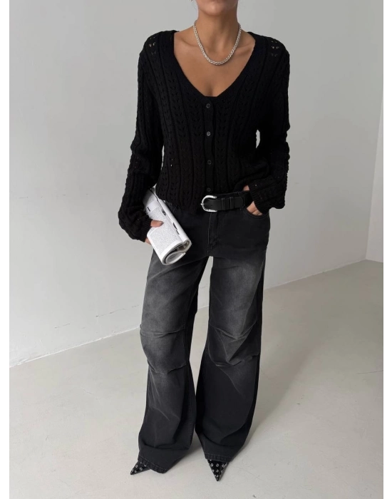 Küçük Düğmeli Küçük Örgülü Triko Hırka Siyah