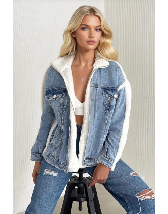 Kürklü Kot Ceket Mavi T7009