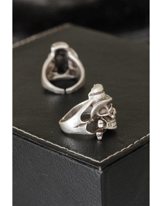 Kuru Kafa Tasarımlı Eskitme Gümüş Renkli Ayarlamalı Model Erkek Yüzük - Bamido