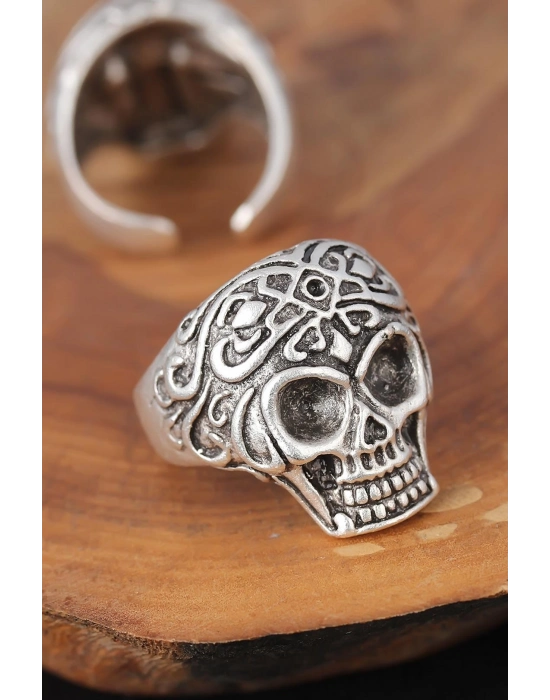 Kuru Kafalı Gümüş Renk Erkek Yüzük - Bamido