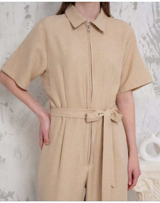 Kuşaklı Gömlek Yaka Salaş Tulum Bej S255822