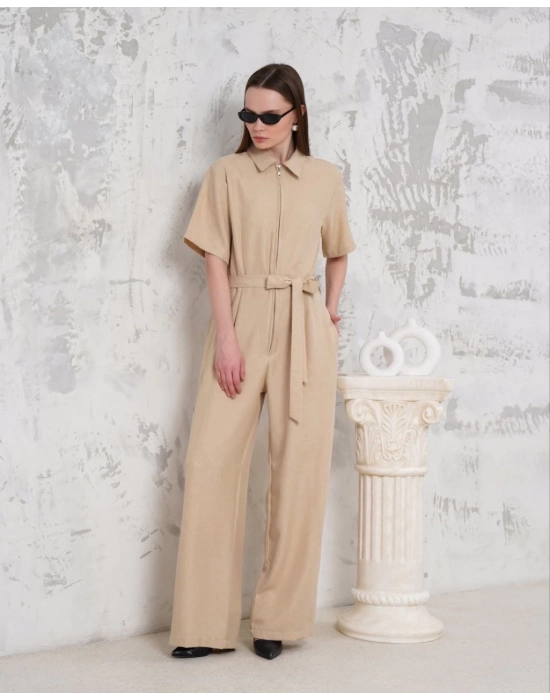 Kuşaklı Gömlek Yaka Salaş Tulum Bej S255822