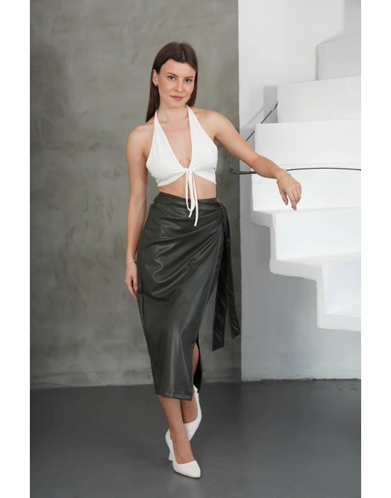 Kuşaklı Uzun Deri Etek Haki H26414