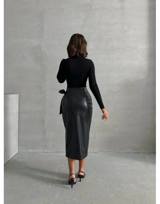 Kuşaklı Uzun Deri Etek Siyah H26414