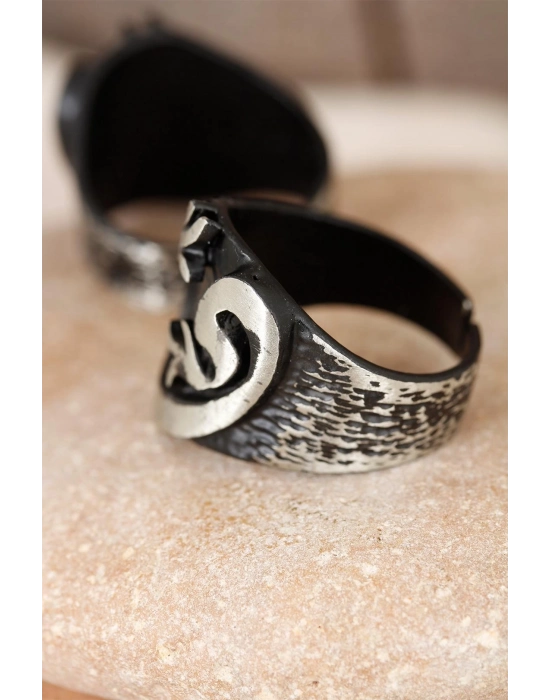 Lale Figürlü Füme Gri Renk Ayarlamalı Erkek Yüzük - Bamido