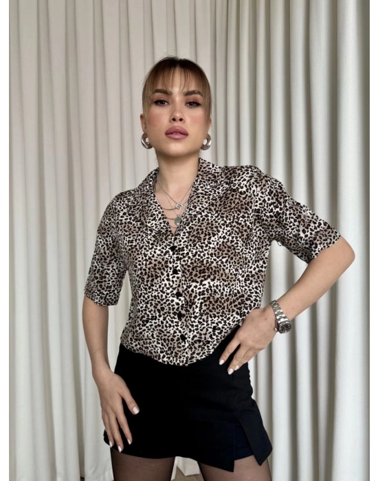 Leopar Desenli Crop Gömlek