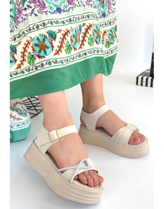 Luno Bej Cilt Kemerli Sandalet - Bamido