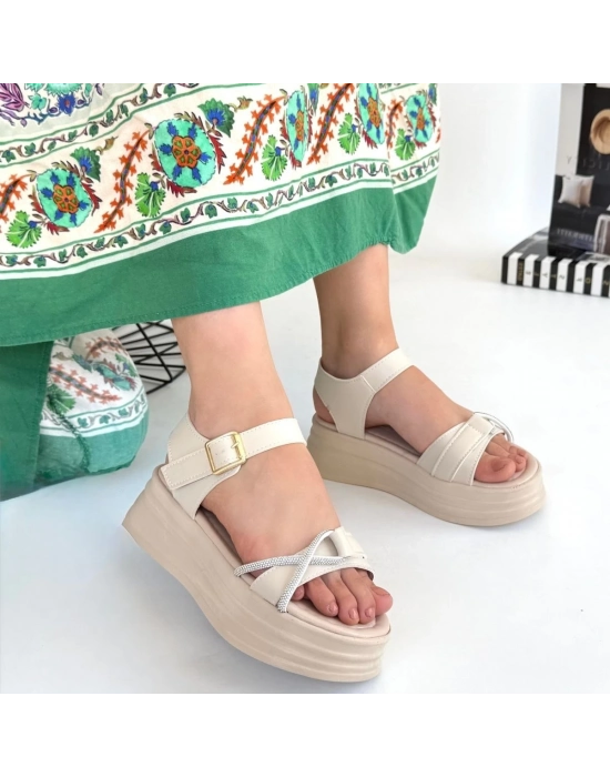 Luno Bej Cilt Kemerli Sandalet - Bamido