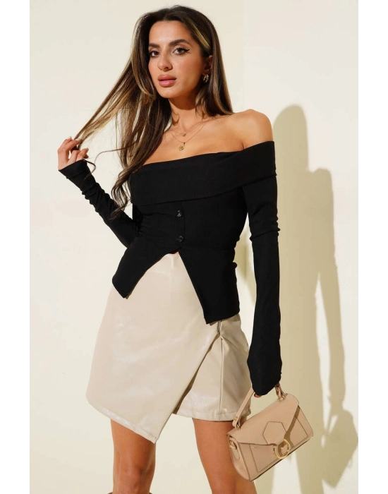 Madonna Yaka Düğmeli Bluz Siyah T4329