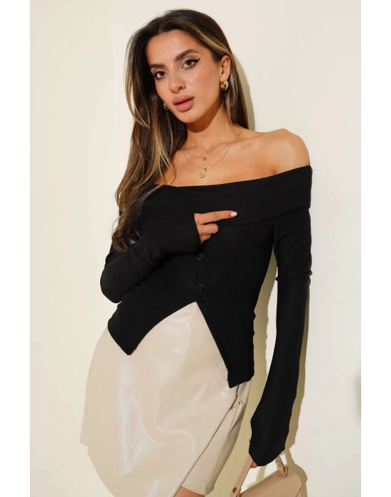 Madonna Yaka Düğmeli Bluz Siyah T4329