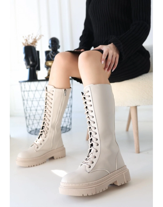 Mennd Bej Cilt Bağcıklı Çizme - Bamido