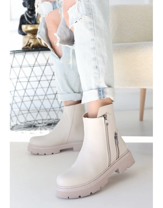 Menta Bej Cilt Fermuar Aksesuarlı Bot - Bamido