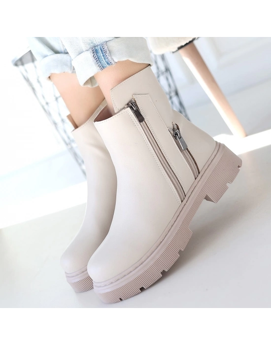 Menta Bej Cilt Fermuar Aksesuarlı Bot - Bamido