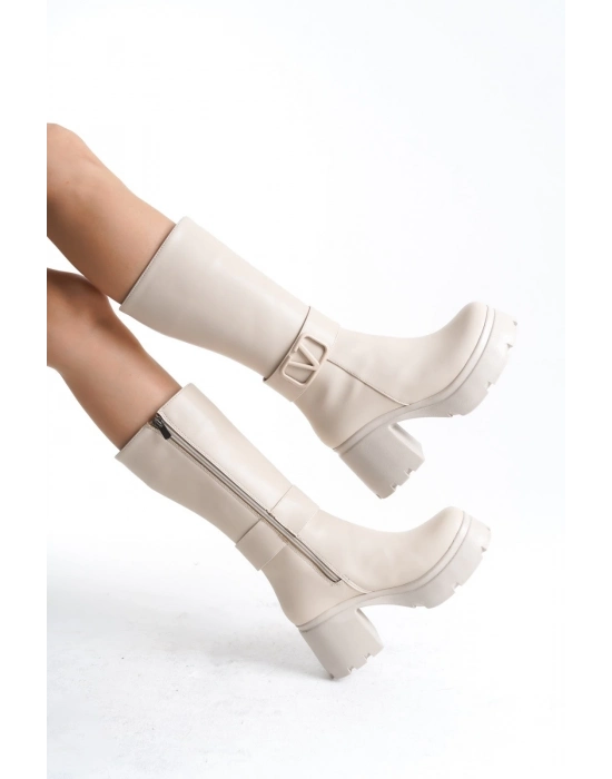 Moki Bej Cilt Topuklu Çizme