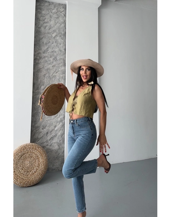 Mom Fit Bıyık Kar Yıkama Jeans Pantolon Koyu Mavi D2006