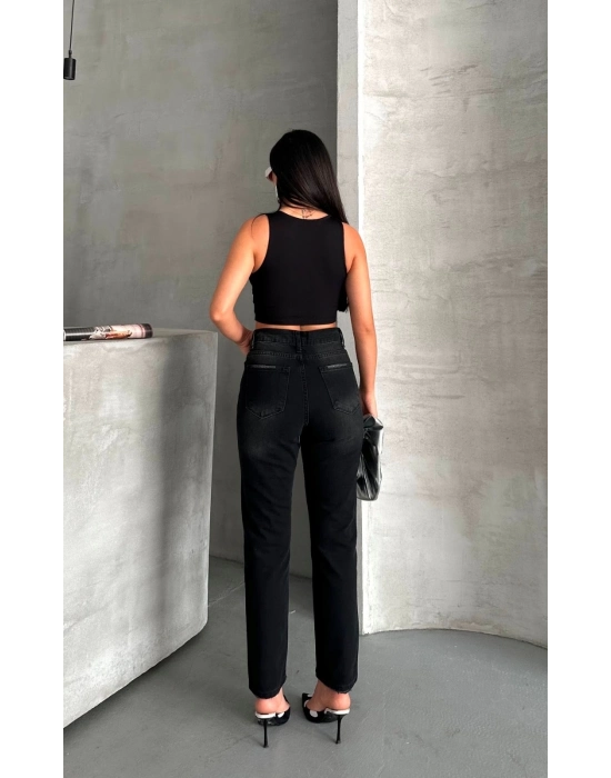 Mom Fit Enzim Bıyıklı Taş Yıkama Jeans Pantolon Siyah D2006