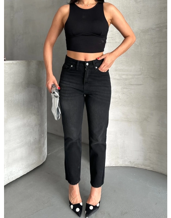 Mom Fit Enzim Bıyıklı Taş Yıkama Jeans Pantolon Siyah D2006