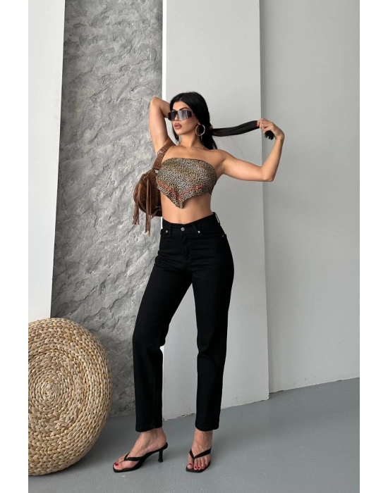 Mom Fit Enzim Taş Yıkama Jeans Pantolon Siyah D2006