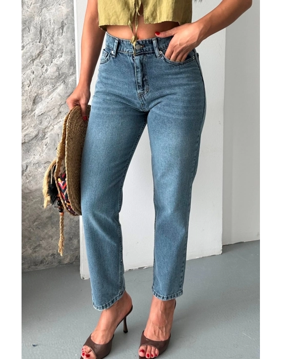 Mom Fit Kar Yıkama Bıyık Detaylı Jeans Pantolon D2006
