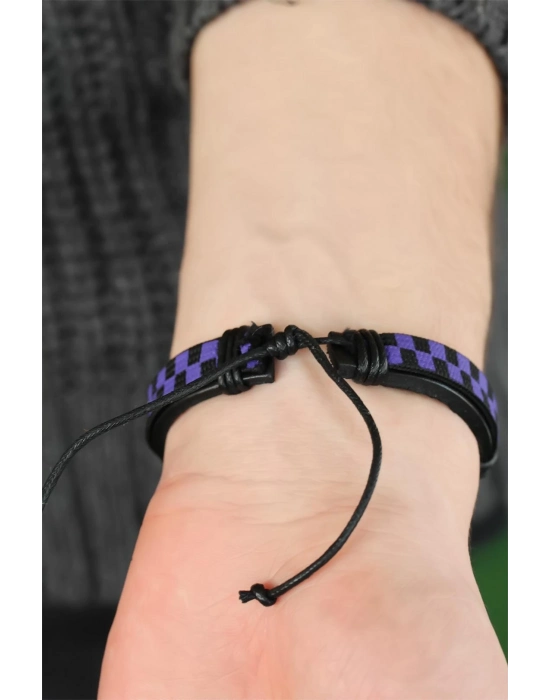 Mor Renk Damalı Deri Erkek Bileklik - Bamido