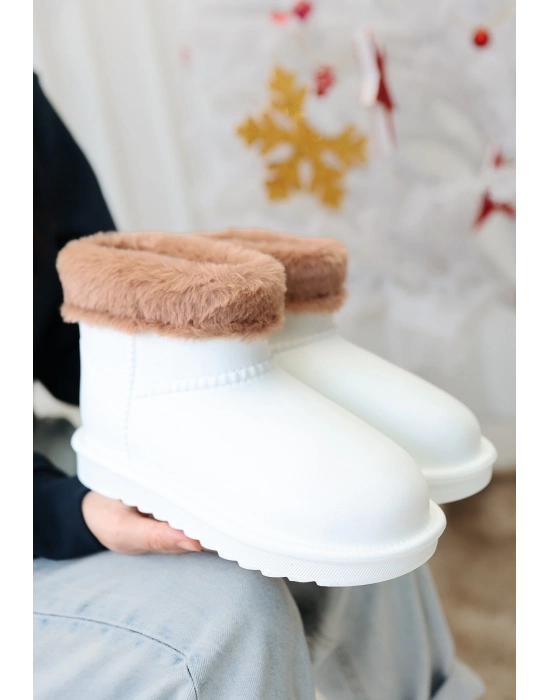 Mordi Beyaz Oval Burunlu Su Geçirmez İçi Kürklü  Bot - Bamido