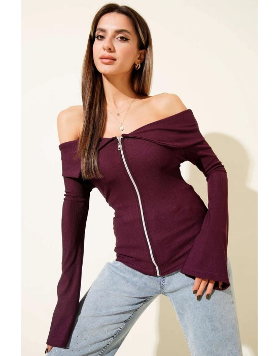 Omzu Açık Fermuarlı Bluz Mürdüm T4330
