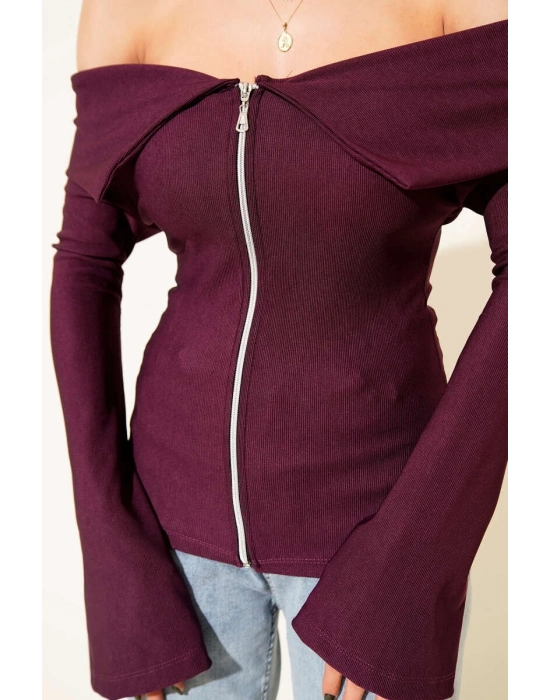 Omzu Açık Fermuarlı Bluz Mürdüm T4330